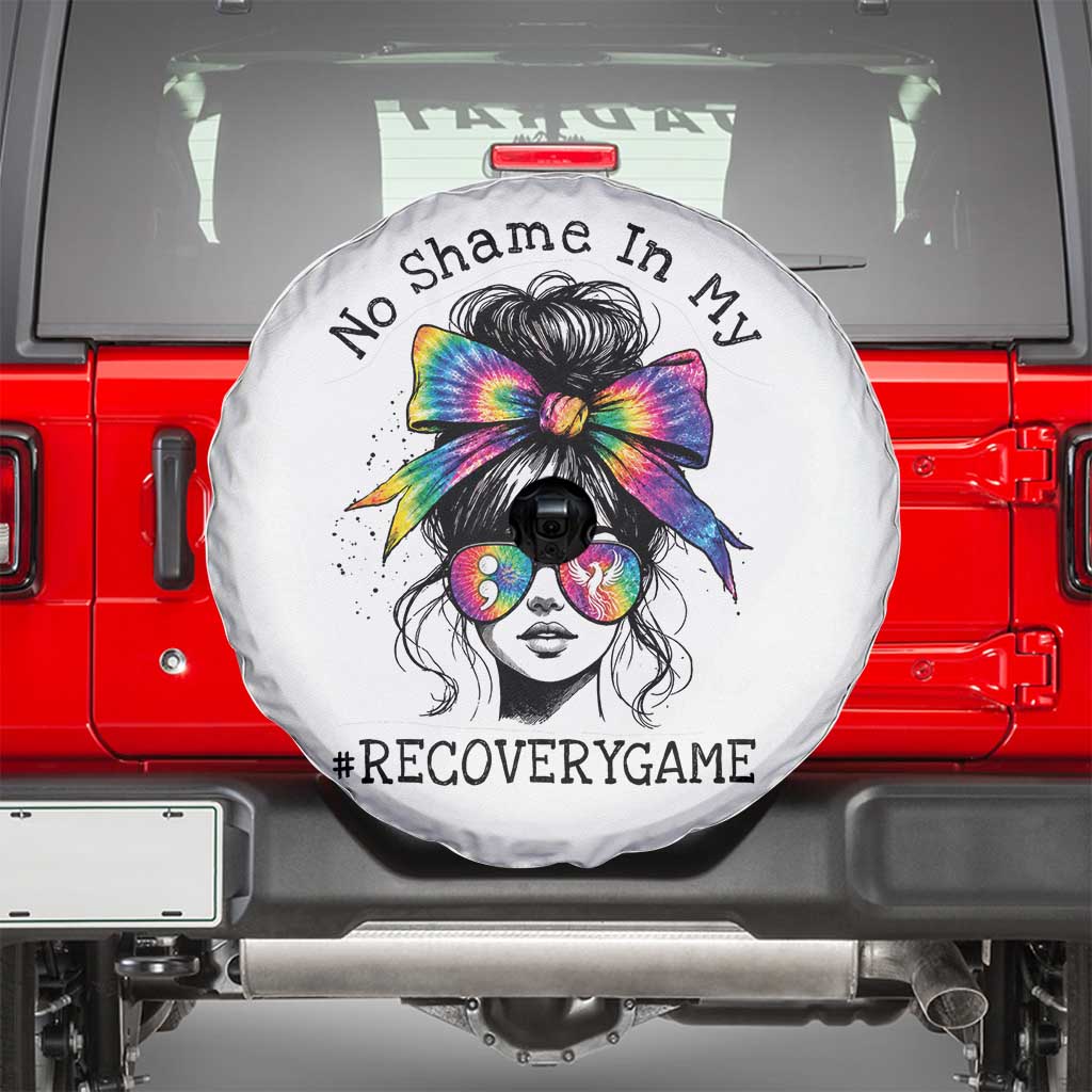 No Shame In My Recovery Game Spare Tire Cover Messy Bun Semicolon Graphic