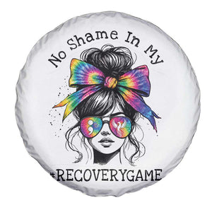 No Shame In My Recovery Game Spare Tire Cover Messy Bun Semicolon Graphic