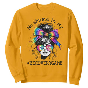 No Shame In My Recovery Game Sweatshirt Messy Bun Semicolon Graphic