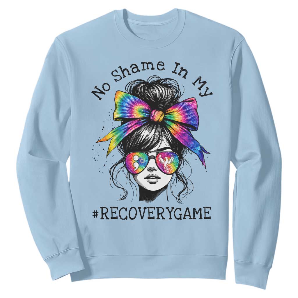 No Shame In My Recovery Game Sweatshirt Messy Bun Semicolon Graphic