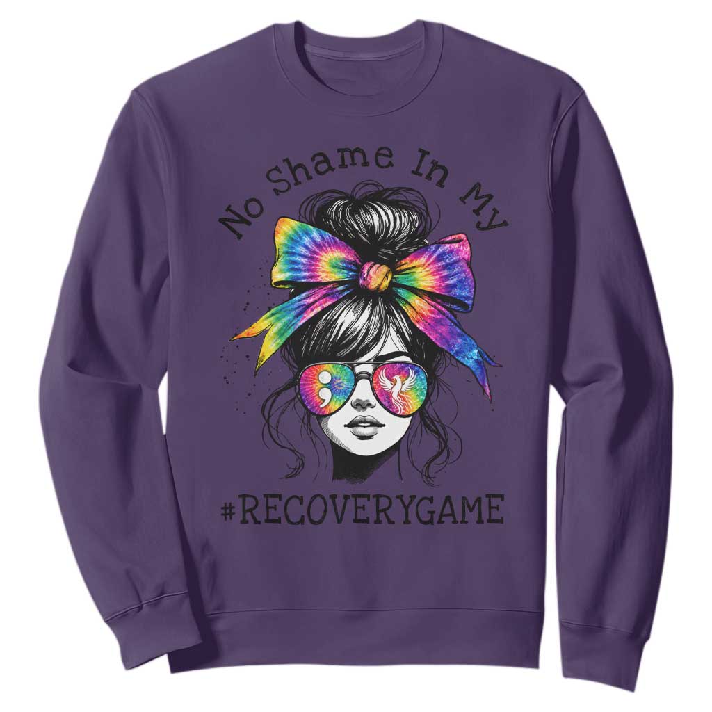 No Shame In My Recovery Game Sweatshirt Messy Bun Semicolon Graphic
