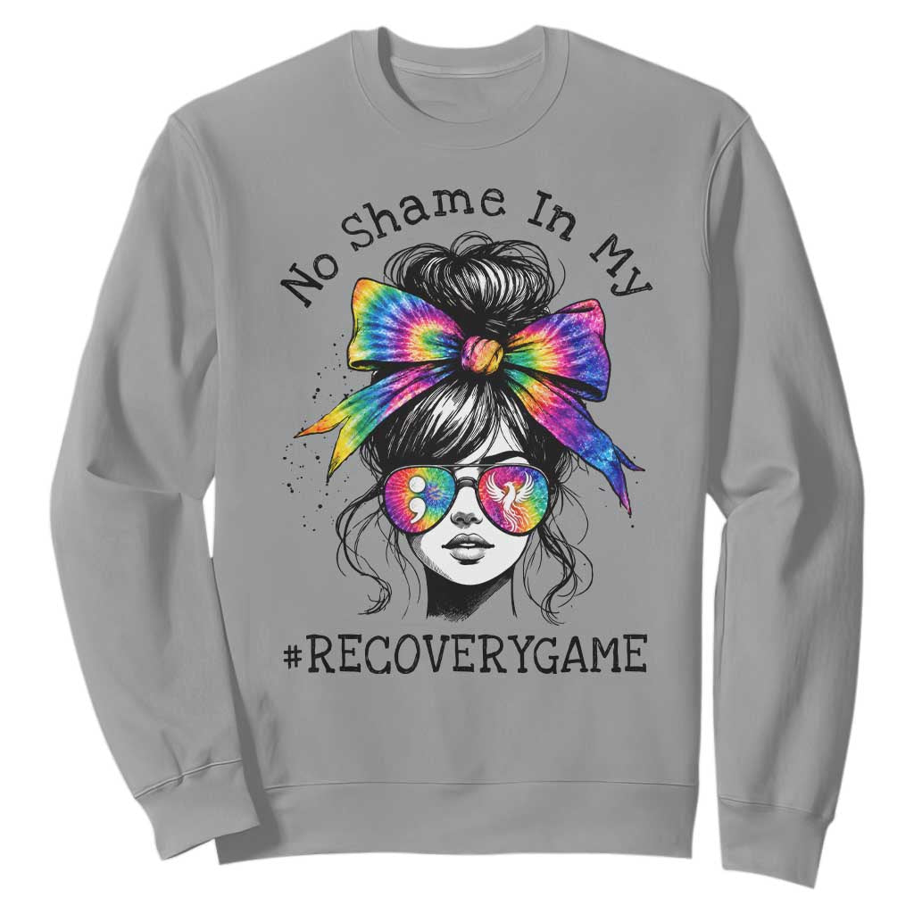 No Shame In My Recovery Game Sweatshirt Messy Bun Semicolon Graphic