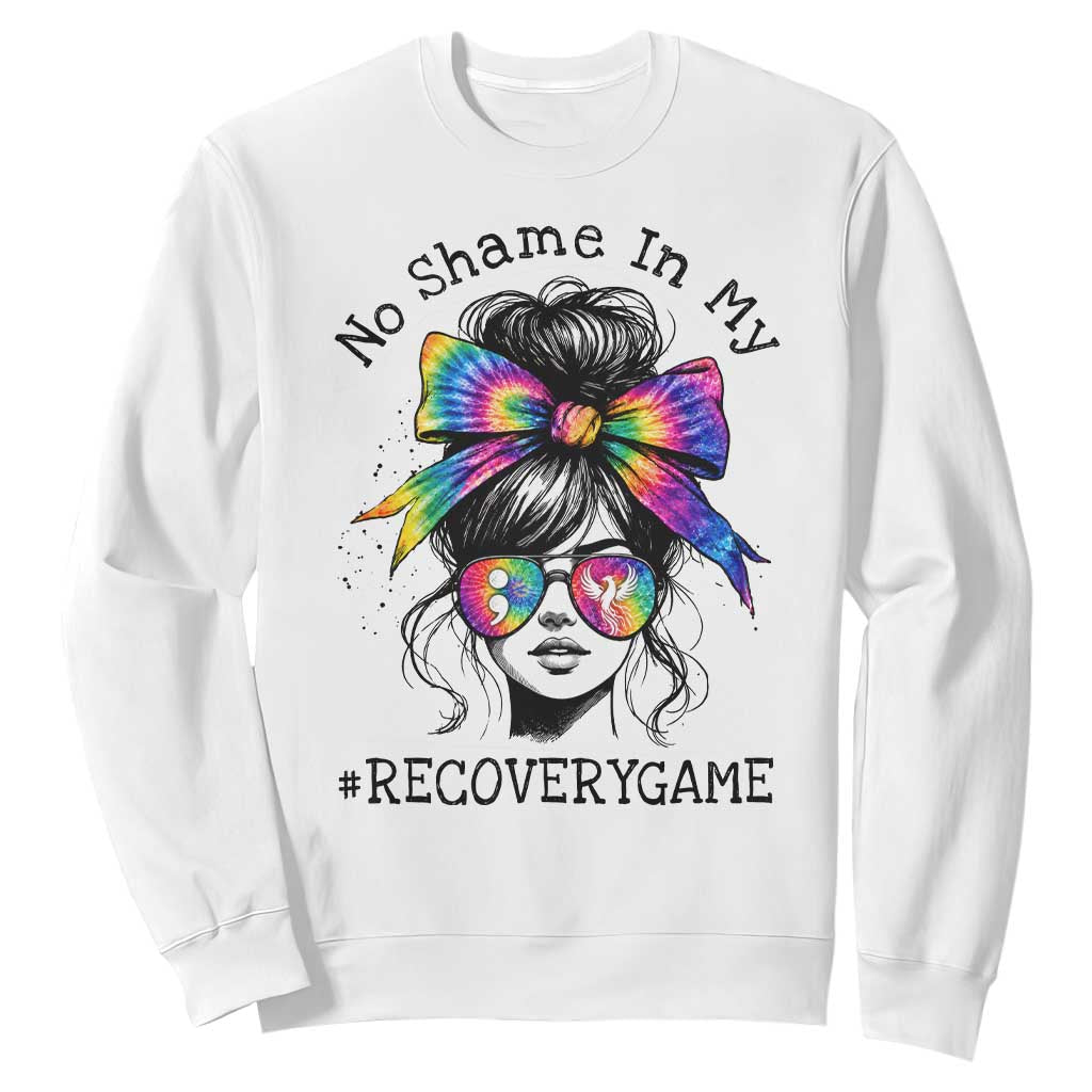 No Shame In My Recovery Game Sweatshirt Messy Bun Semicolon Graphic TS10 White Print Your Wear