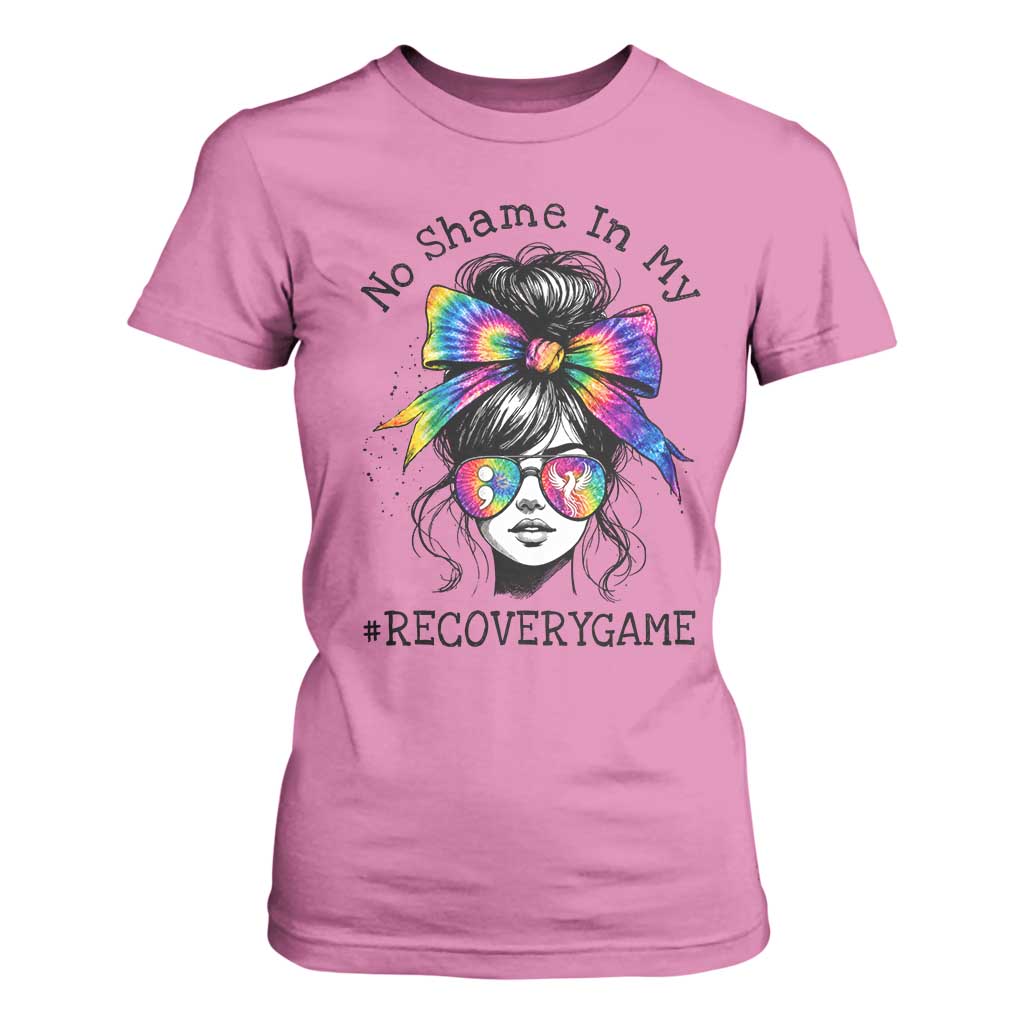 No Shame In My Recovery Game T Shirt For Women Messy Bun Semicolon Graphic