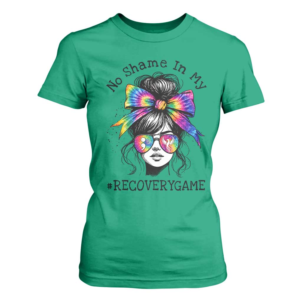 No Shame In My Recovery Game T Shirt For Women Messy Bun Semicolon Graphic