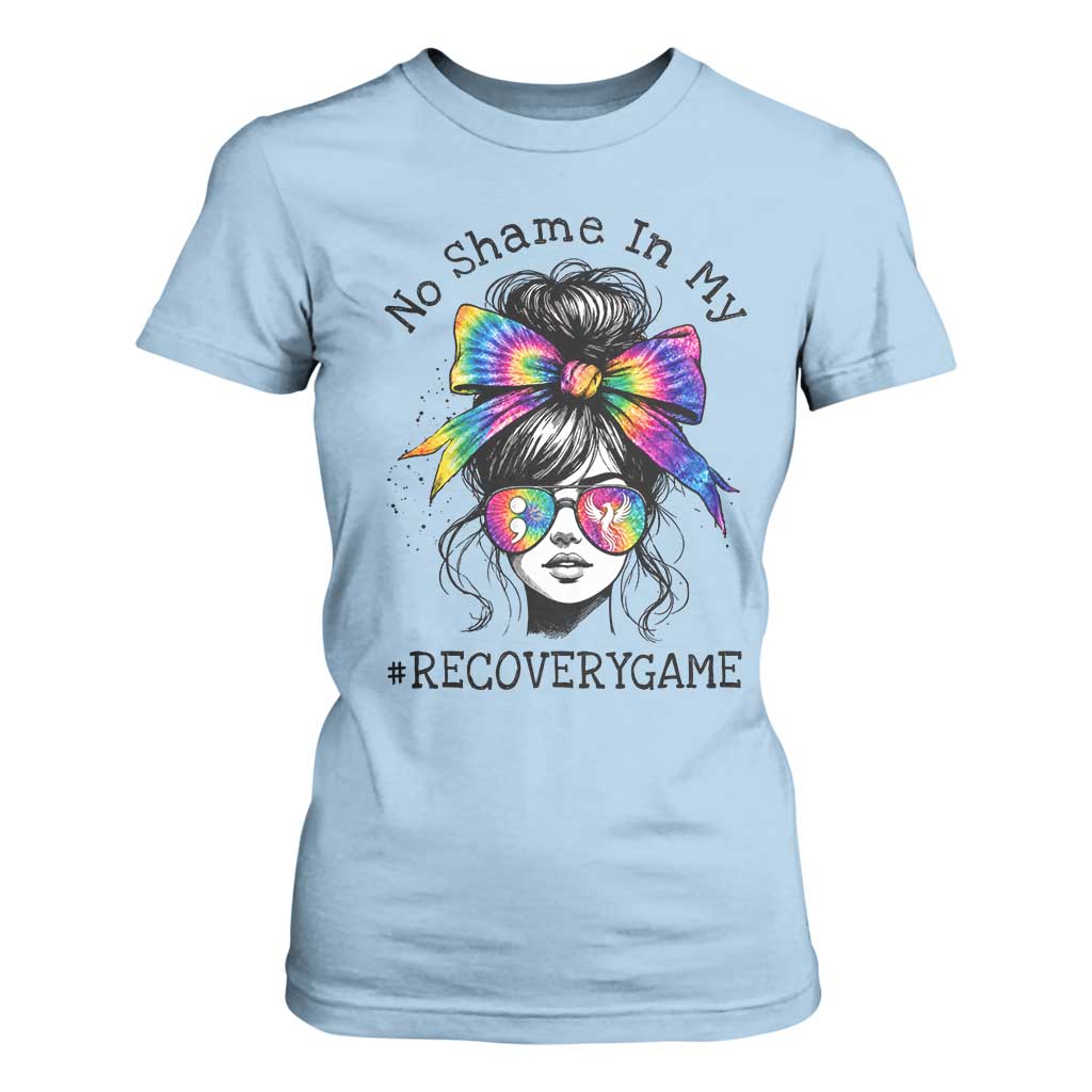 No Shame In My Recovery Game T Shirt For Women Messy Bun Semicolon Graphic