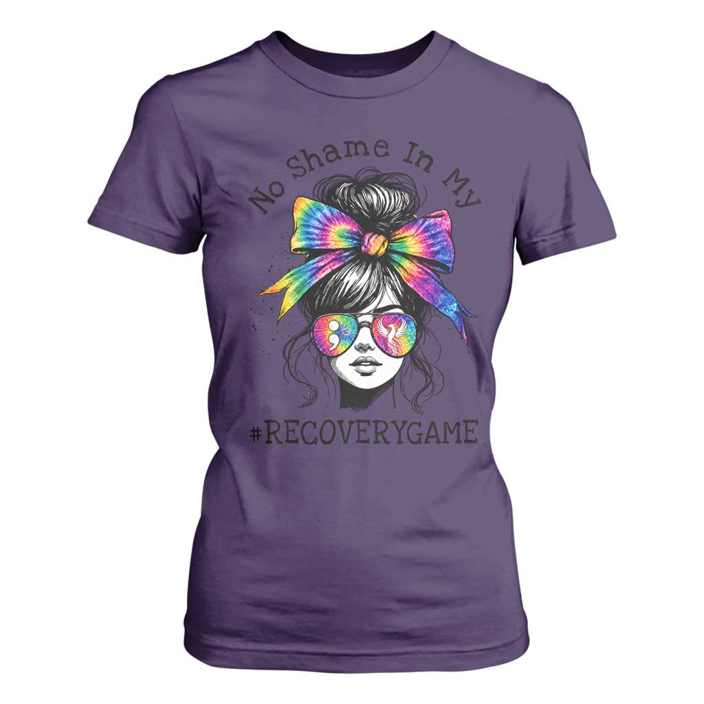 No Shame In My Recovery Game T Shirt For Women Messy Bun Semicolon Graphic