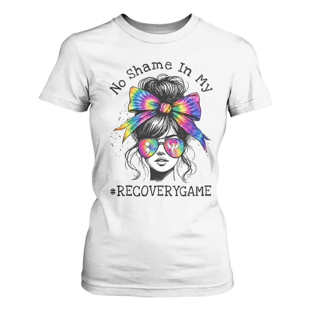 No Shame In My Recovery Game T Shirt For Women Messy Bun Semicolon Graphic TS10 White Print Your Wear