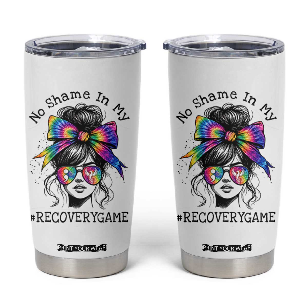 No Shame In My Recovery Game Tumbler Cup Messy Bun Semicolon Graphic