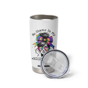 No Shame In My Recovery Game Tumbler Cup Messy Bun Semicolon Graphic