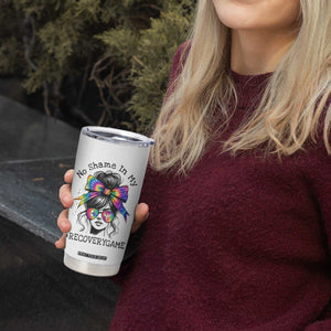 No Shame In My Recovery Game Tumbler Cup Messy Bun Semicolon Graphic