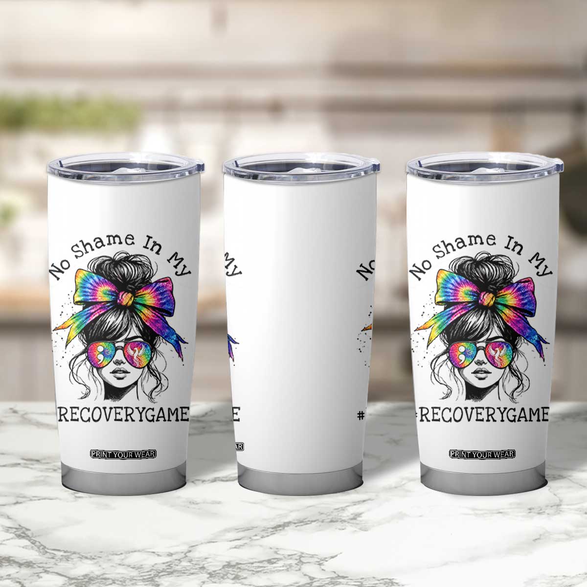 No Shame In My Recovery Game Tumbler Cup Messy Bun Semicolon Graphic