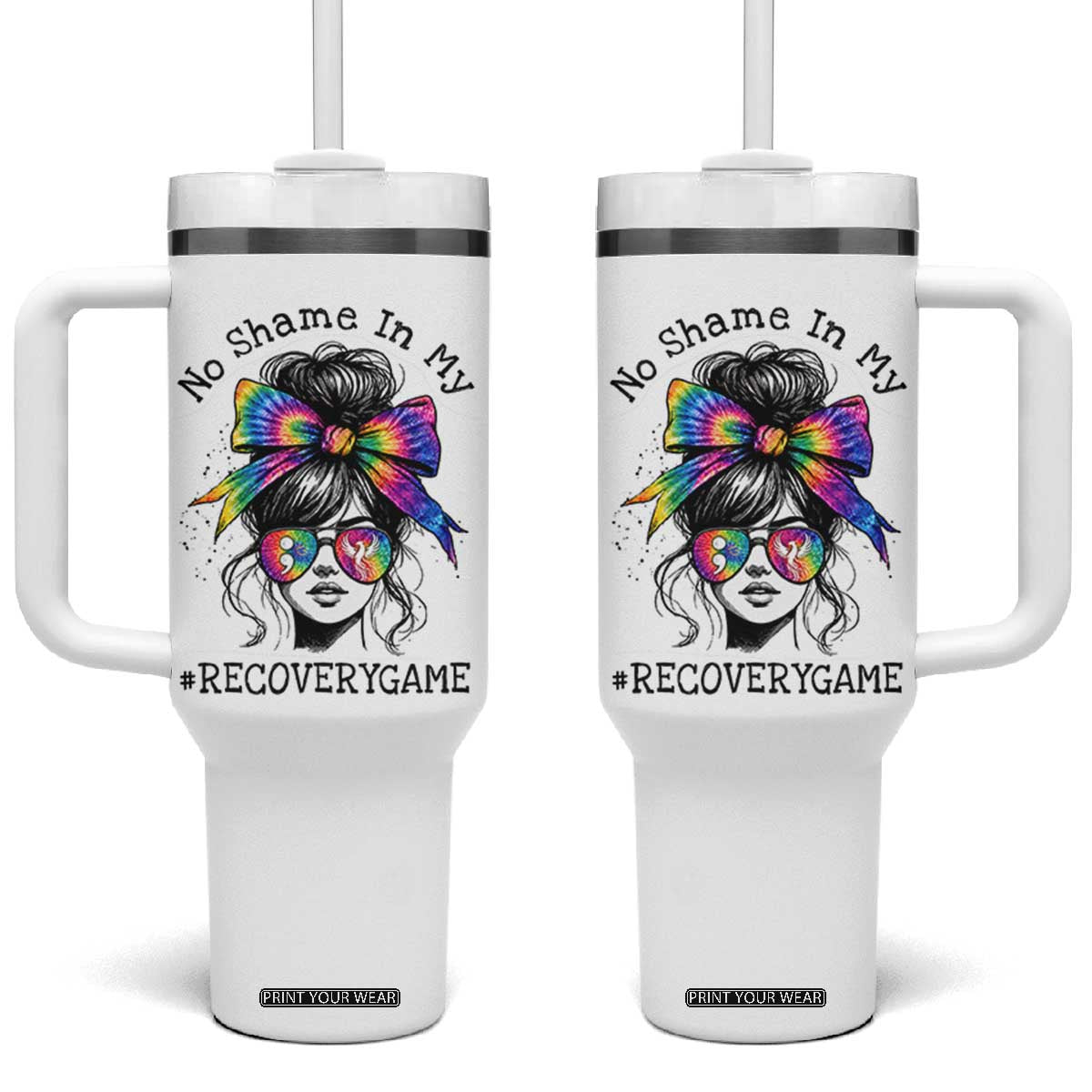 No Shame In My Recovery Game Tumbler With Handle Messy Bun Semicolon Graphic