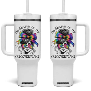 No Shame In My Recovery Game Tumbler With Handle Messy Bun Semicolon Graphic
