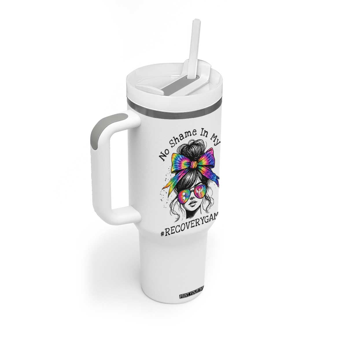 No Shame In My Recovery Game Tumbler With Handle Messy Bun Semicolon Graphic