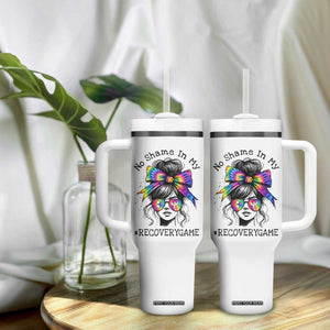 No Shame In My Recovery Game Tumbler With Handle Messy Bun Semicolon Graphic