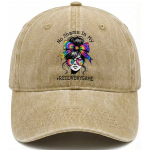 No Shame In My Recovery Game Washed Cotton Baseball Cap Messy Bun Semicolon Graphic