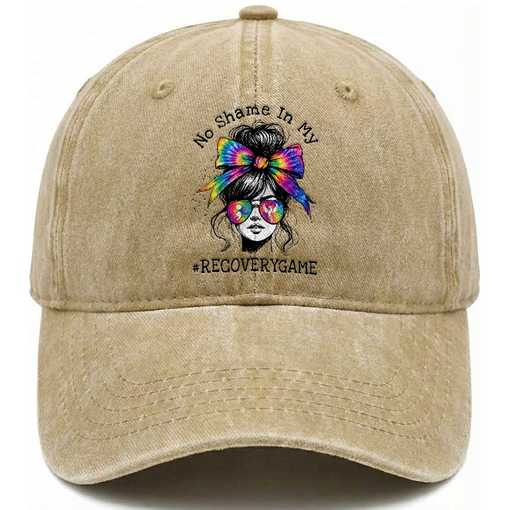 No Shame In My Recovery Game Washed Cotton Baseball Cap Messy Bun Semicolon Graphic TS10 Print Your Wear
