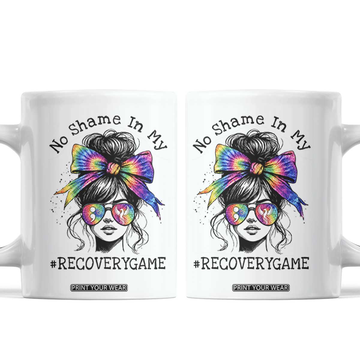 No Shame In My Recovery Game Coffee Mug Messy Bun Semicolon Graphic TS10 White Print Your Wear