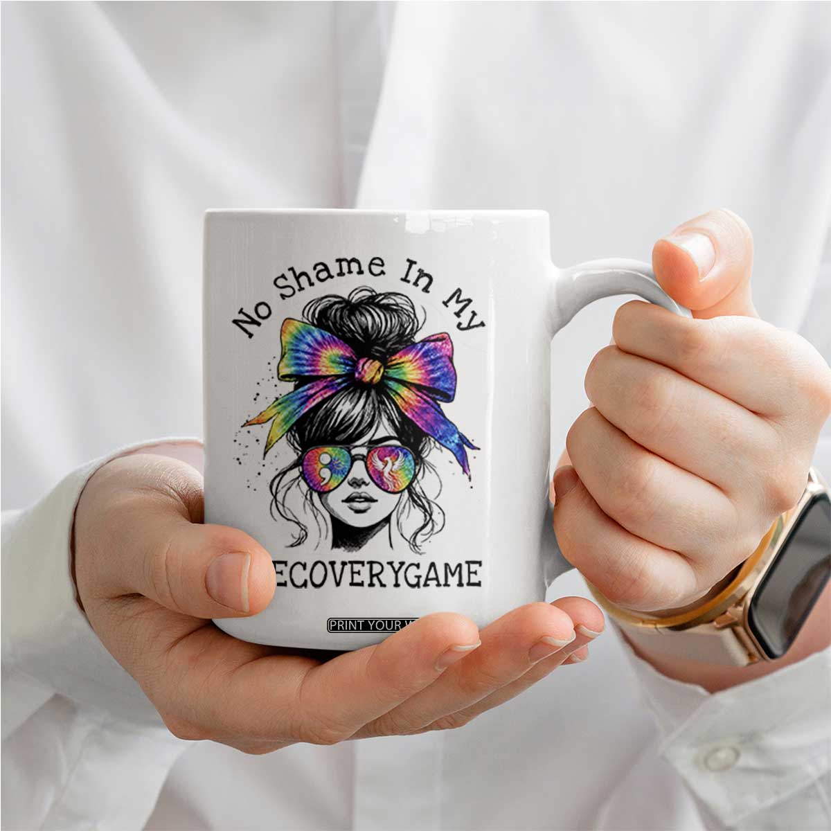 No Shame In My Recovery Game Coffee Mug Messy Bun Semicolon Graphic