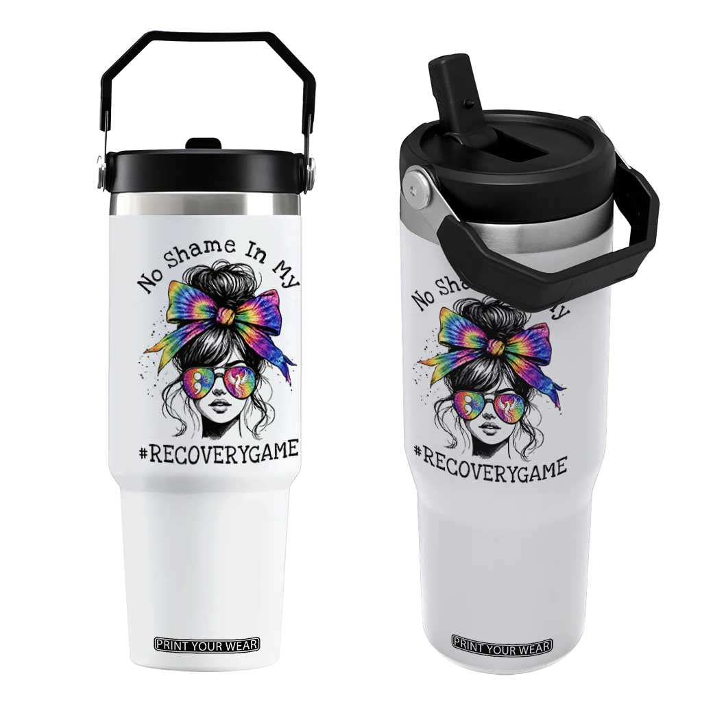 No Shame In My Recovery Game Flip Straw Tumbler Messy Bun Semicolon Graphic