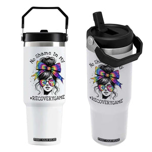 No Shame In My Recovery Game Flip Straw Tumbler Messy Bun Semicolon Graphic