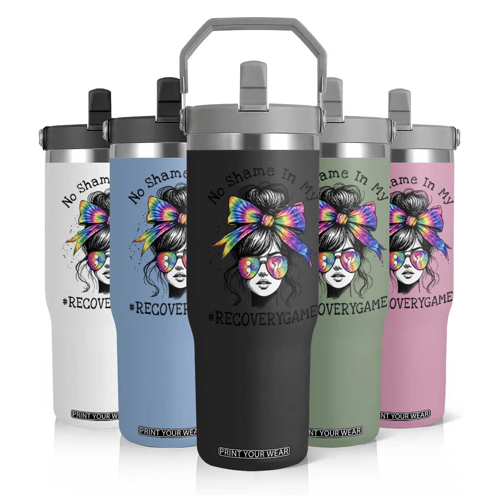 No Shame In My Recovery Game Flip Straw Tumbler Messy Bun Semicolon Graphic