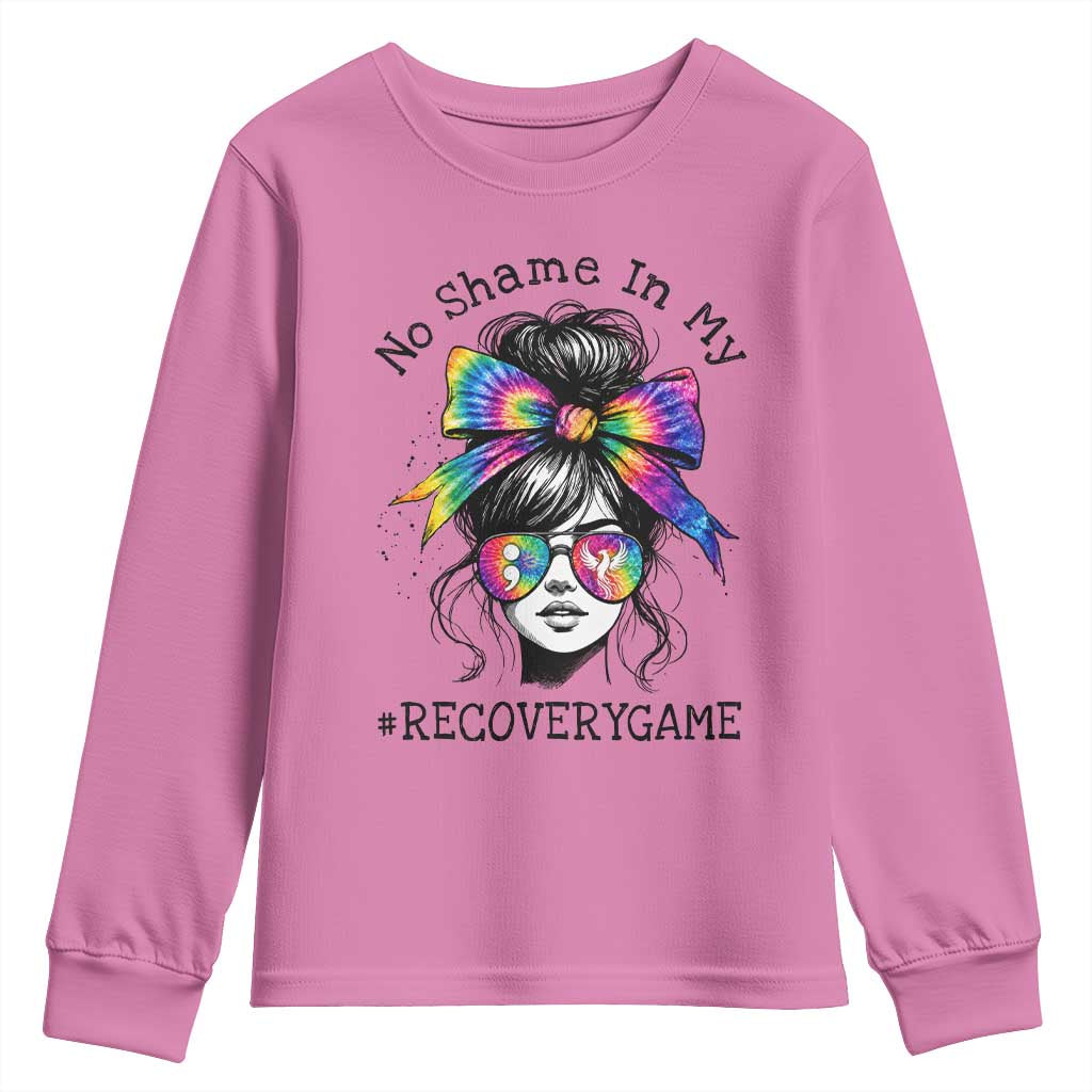 No Shame In My Recovery Game Youth Sweatshirt Messy Bun Semicolon Graphic