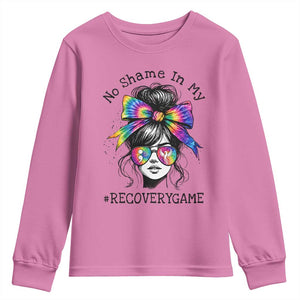 No Shame In My Recovery Game Youth Sweatshirt Messy Bun Semicolon Graphic