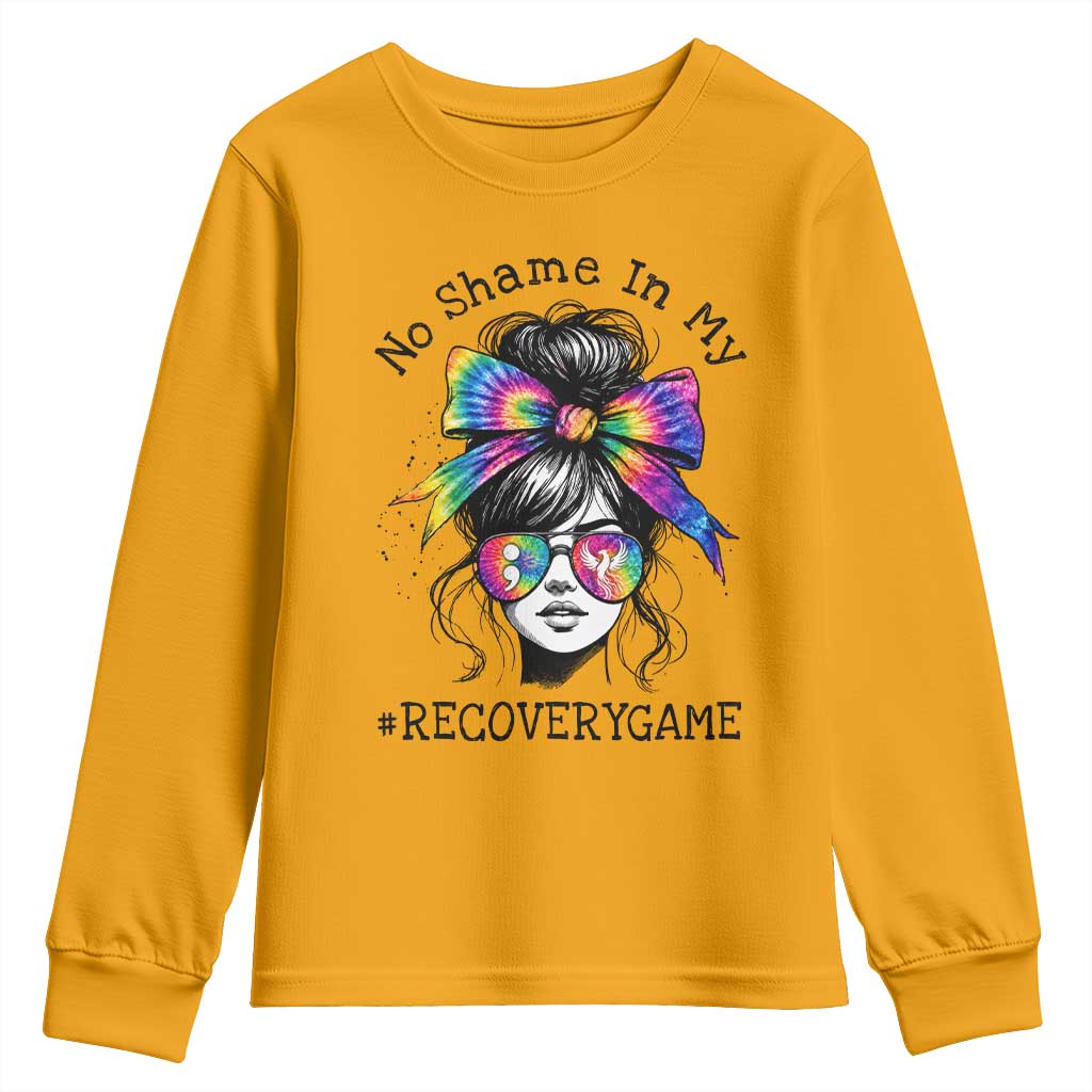 No Shame In My Recovery Game Youth Sweatshirt Messy Bun Semicolon Graphic