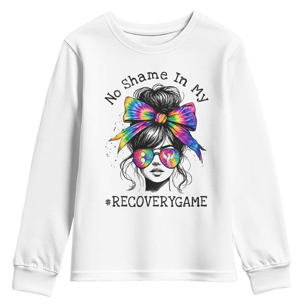 No Shame In My Recovery Game Youth Sweatshirt Messy Bun Semicolon Graphic TS10 White Print Your Wear