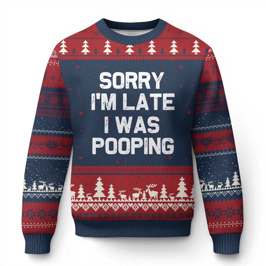 Sorry Im Late I Was Pooping Ugly Christmas Sweater Skibidi Brainrot Pooping Meme Graphic TS10 Navy Red Print Your Wear