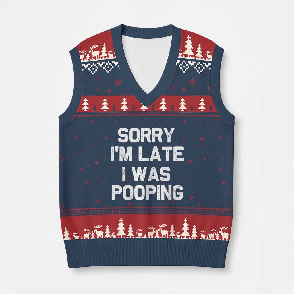 Sorry Im Late I Was Pooping V-Neck Knit Sweater Vest Skibidi Brainrot Pooping Meme Graphic TS10 Navy Red Print Your Wear