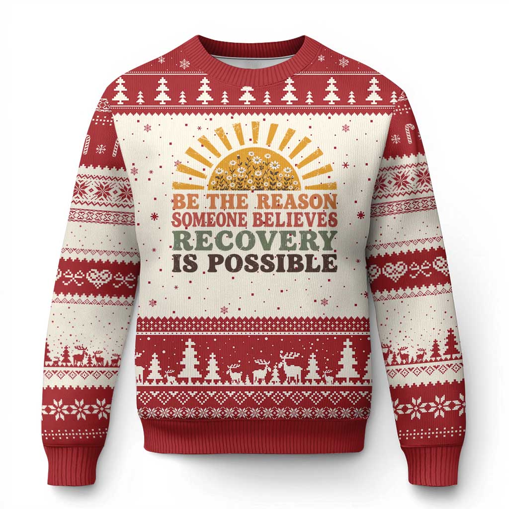 Recovery Sobriety Ugly Christmas Sweater Sober Life Believes Recovery is Possible Hippie Vintage Graphic TS10 Beige Red Print Your Wear