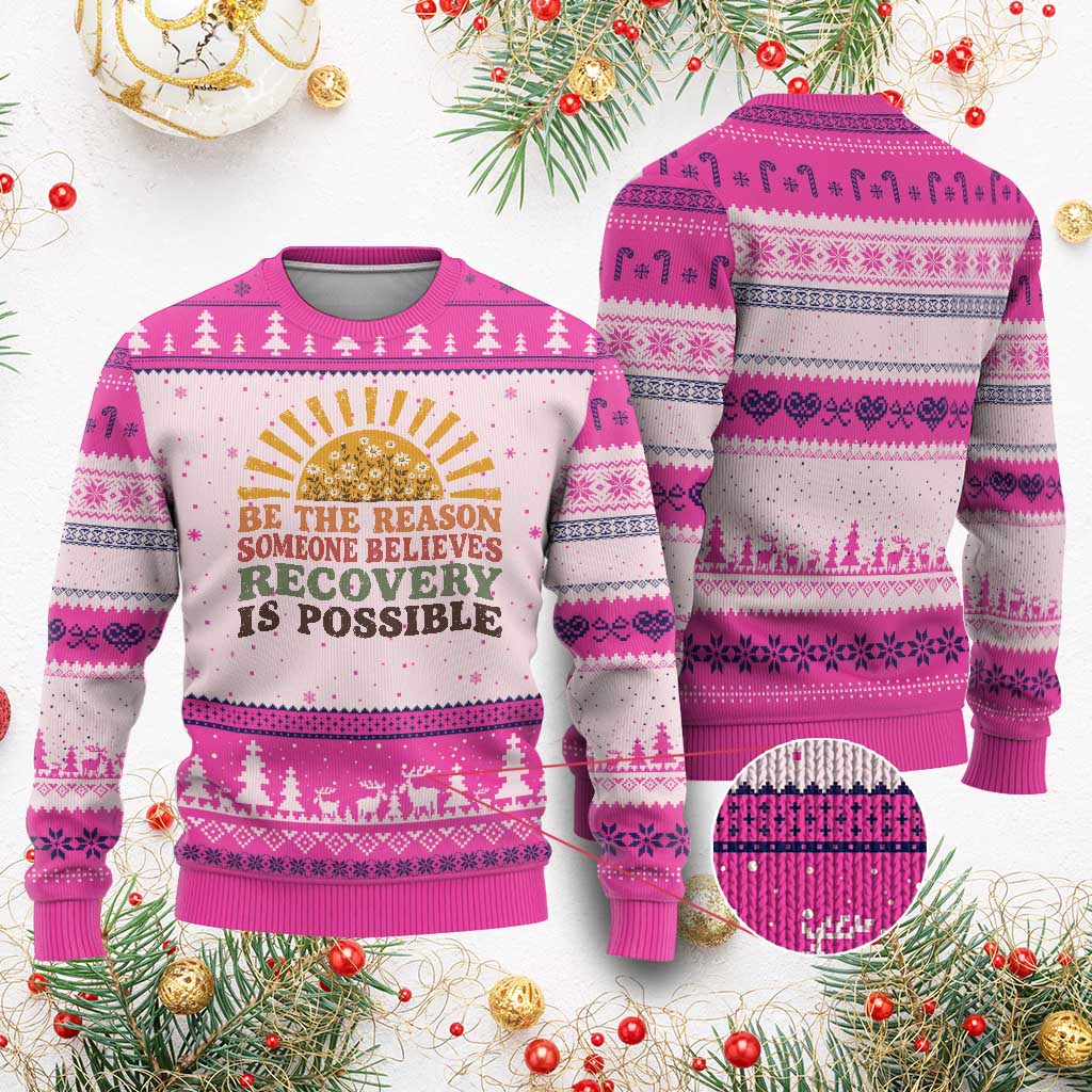 Recovery Sobriety Ugly Christmas Sweater Sober Life Believes Recovery is Possible Hippie Vintage Graphic