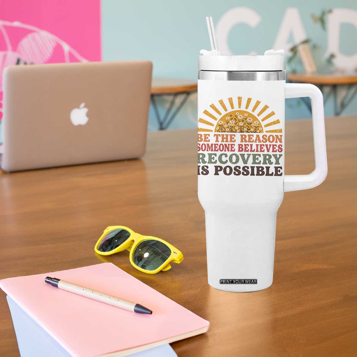 Recovery Sobriety Tumbler With Handle Sober Life Believes Recovery is Possible Hippie Vintage Graphic