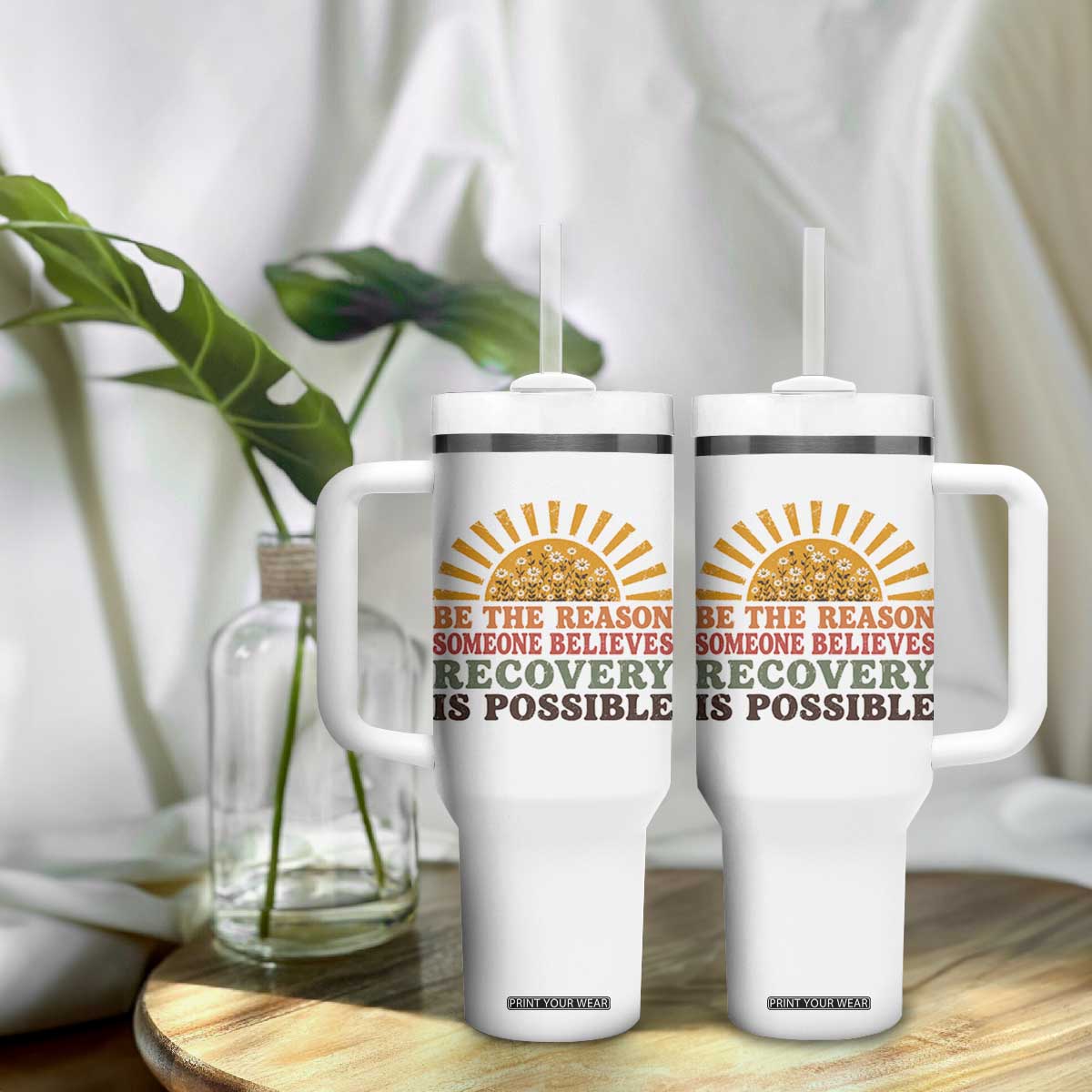 Recovery Sobriety Tumbler With Handle Sober Life Believes Recovery is Possible Hippie Vintage Graphic