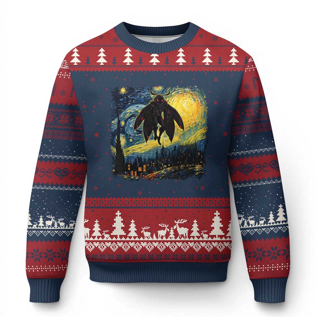 Mothman Ugly Christmas Sweater Starry Night Van Gogh Cryptid Lover TS10 Navy Red Print Your Wear