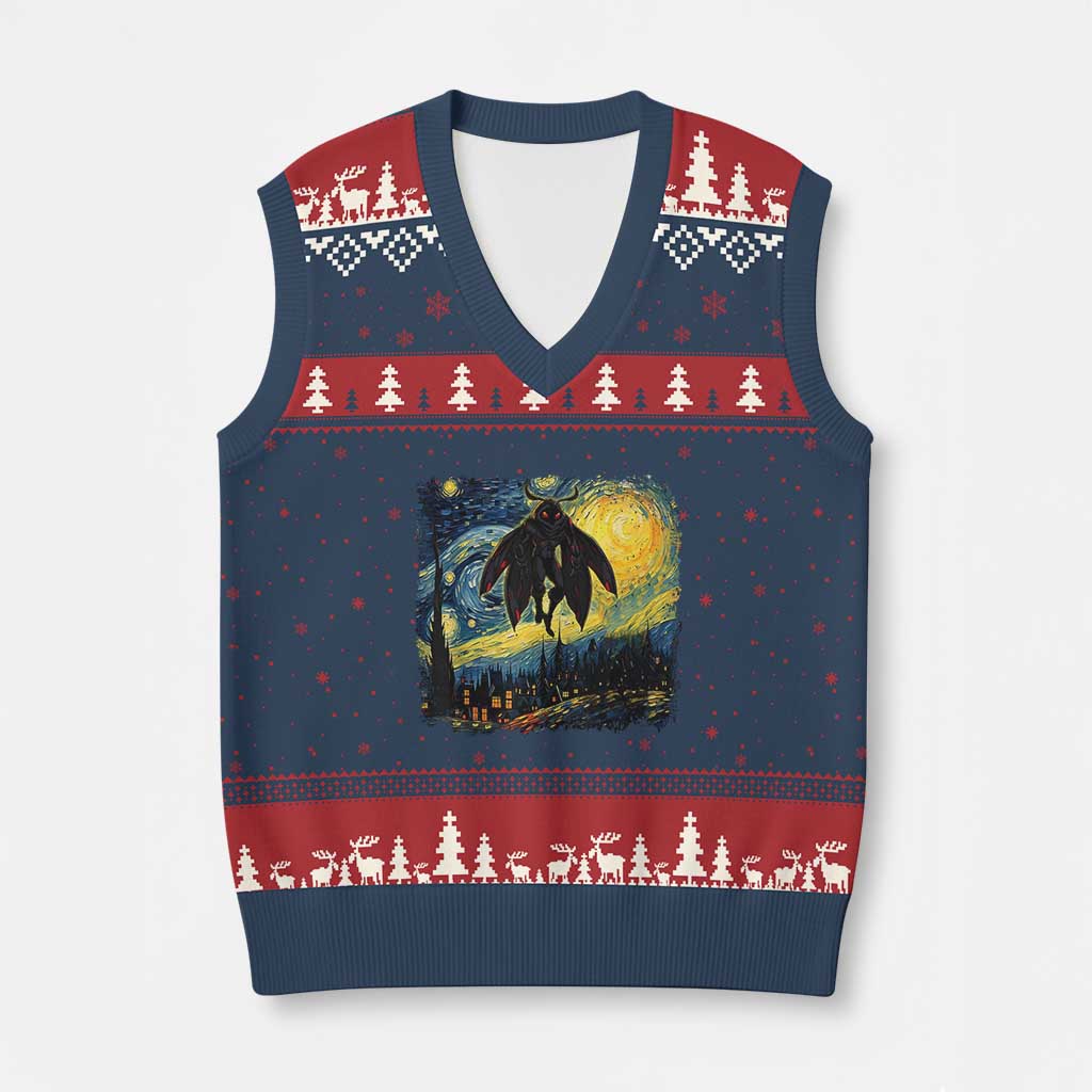 Mothman V-Neck Knit Sweater Vest Starry Night Van Gogh Cryptid Lover TS10 Navy Red Print Your Wear