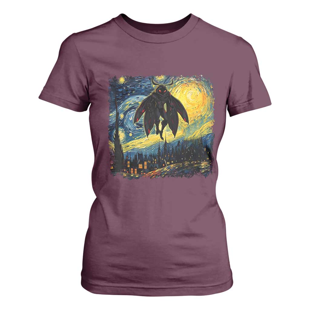 Mothman T Shirt For Women Starry Night Van Gogh Cryptid Lover TS10 Maroon Print Your Wear