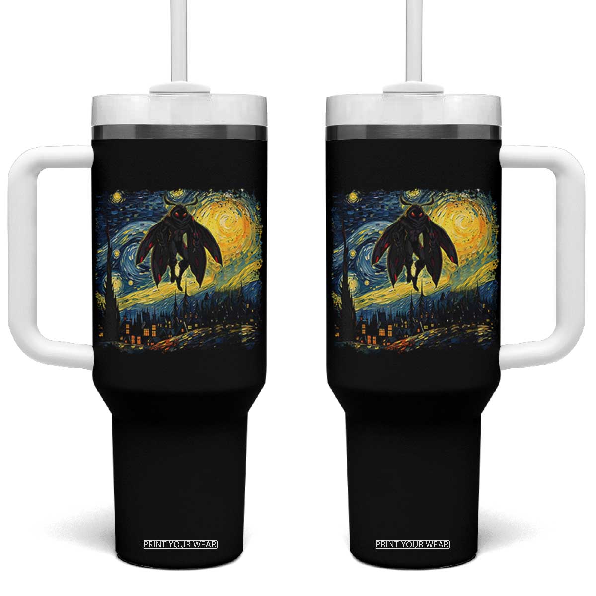 Mothman Tumbler With Handle Starry Night Van Gogh Cryptid Lover TS10 One Size: 40 oz Black Print Your Wear