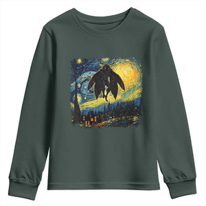 Mothman Youth Sweatshirt Starry Night Van Gogh Cryptid Lover TS10 Dark Forest Green Print Your Wear