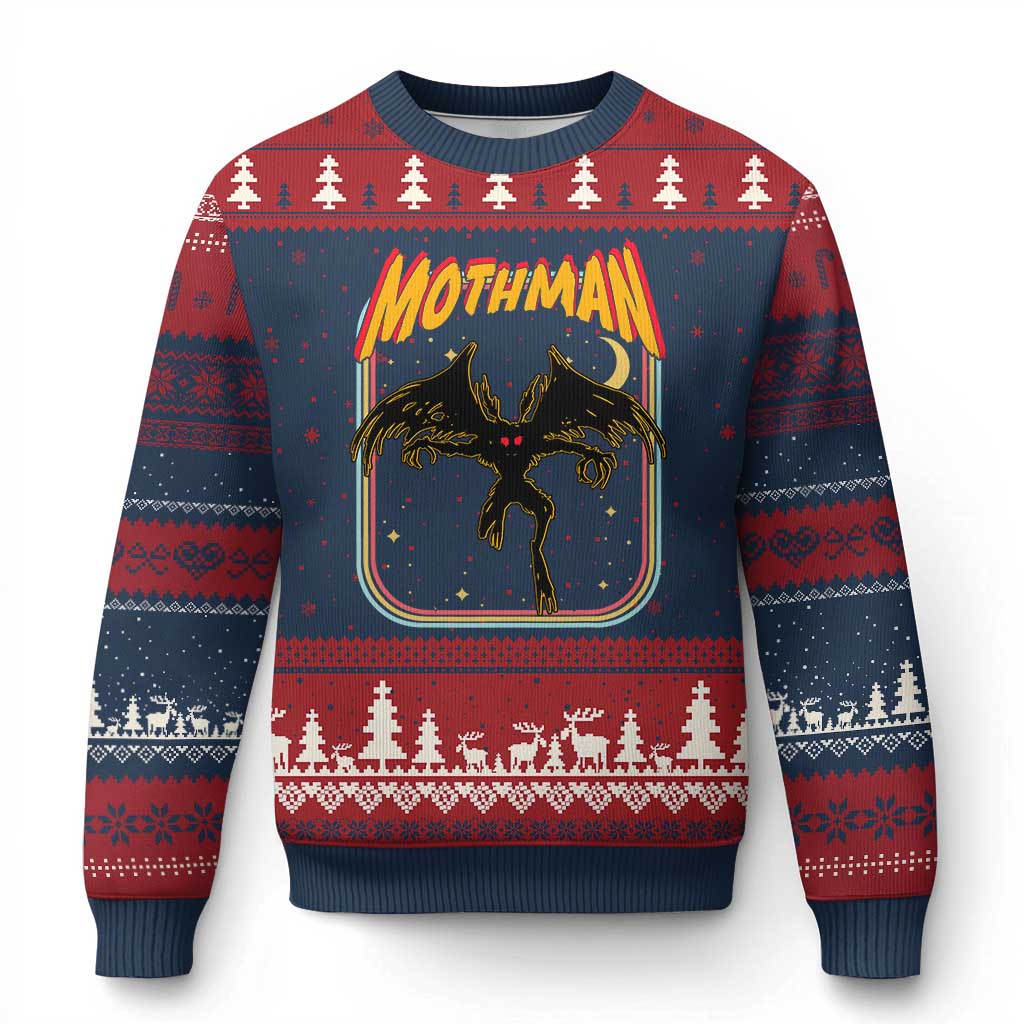 Retro Mothman Ugly Christmas Sweater Vintage Comicbook Style Cryptid Lore Cryptozoology TS10 Navy Red Print Your Wear