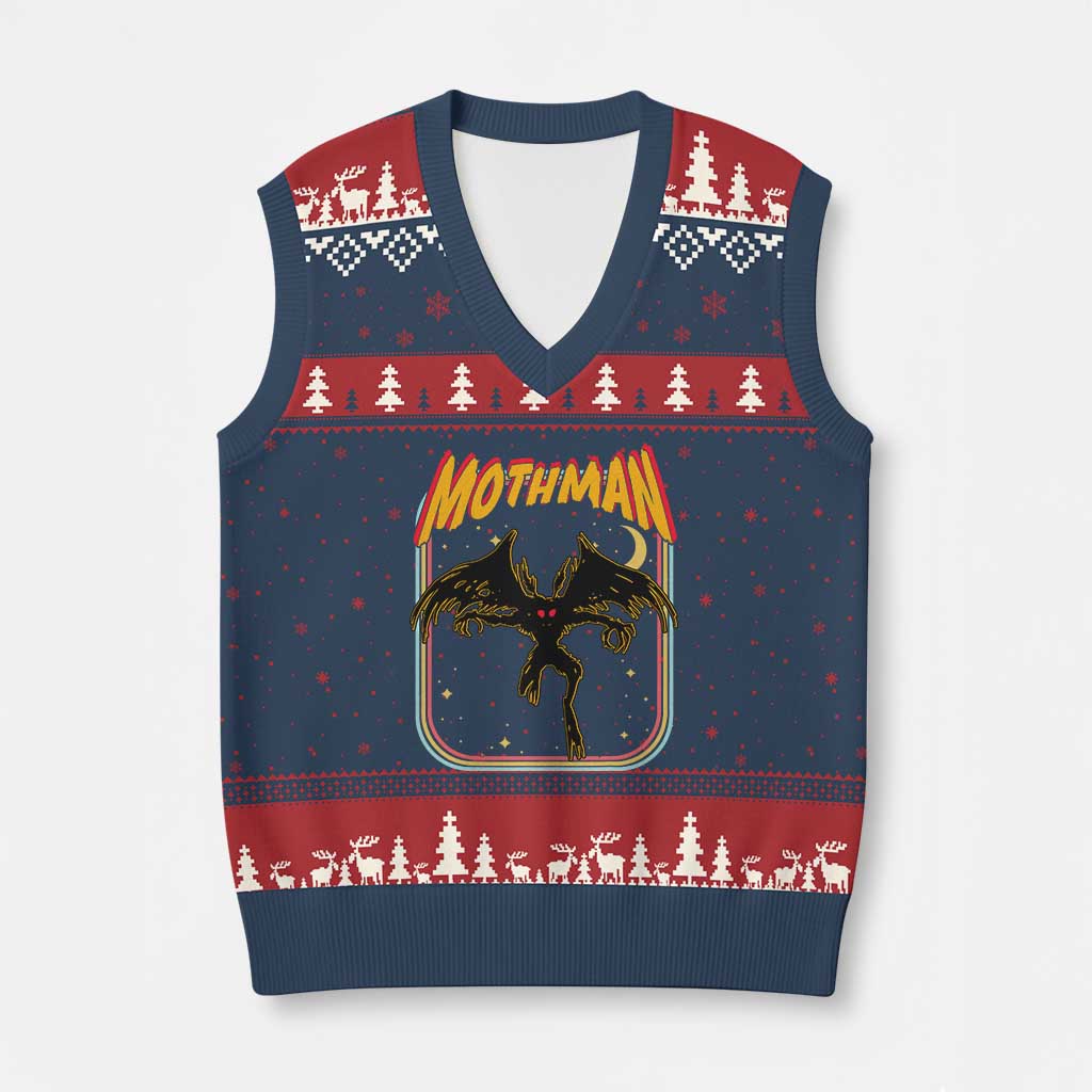 Retro Mothman V-Neck Knit Sweater Vest Vintage Comicbook Style Cryptid Lore Cryptozoology TS10 Navy Red Print Your Wear