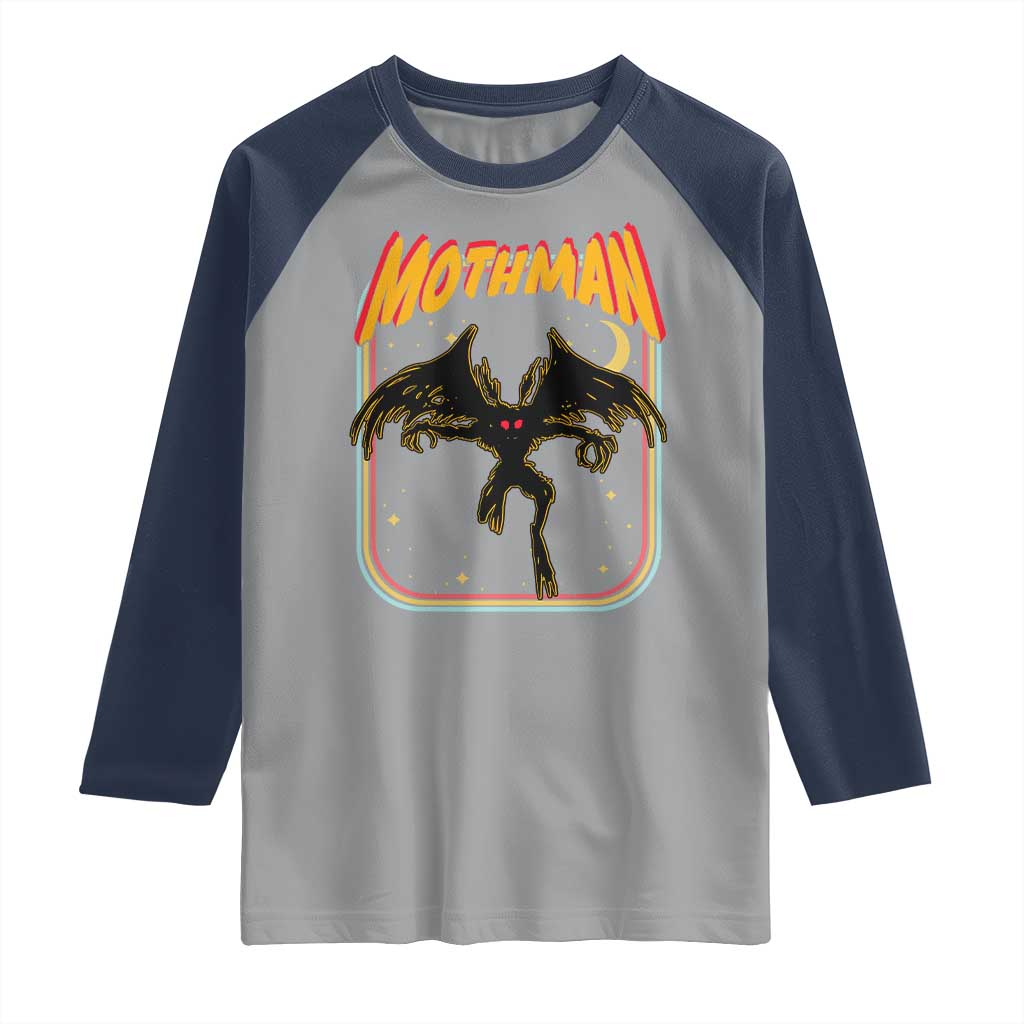 Retro Mothman Raglan Shirt Vintage Comicbook Style Cryptid Lore Cryptozoology TS10 Sport Gray Navy Print Your Wear