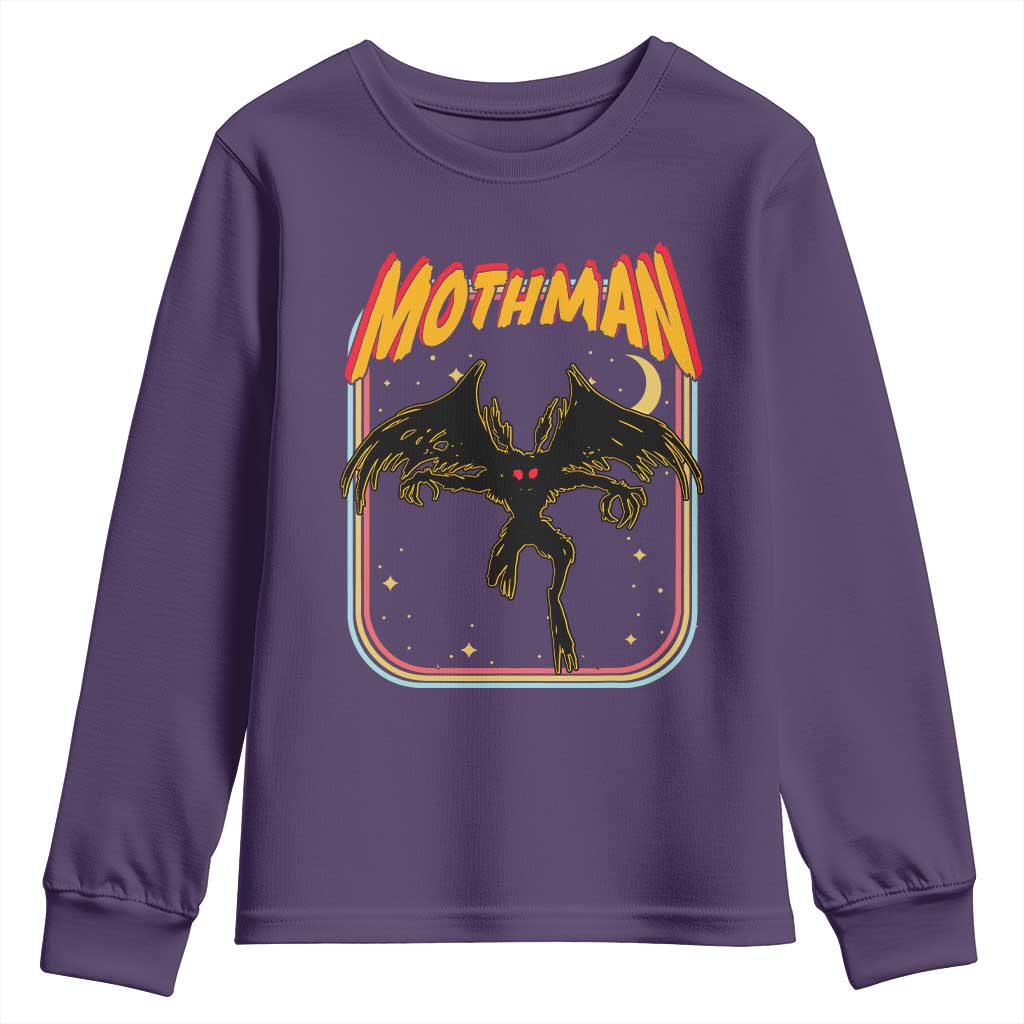 Retro Mothman Youth Sweatshirt Vintage Comicbook Style Cryptid Lore Cryptozoology TS10 Purple Print Your Wear