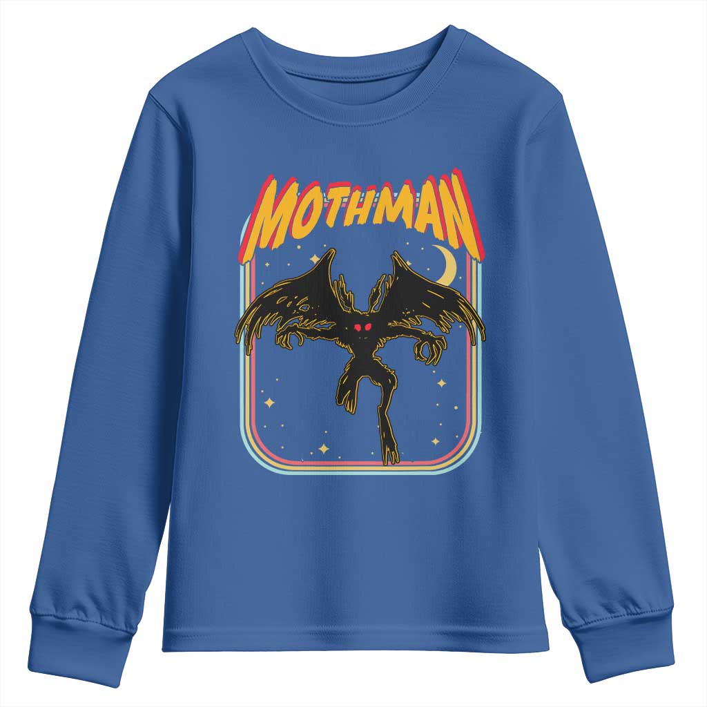 Retro Mothman Youth Sweatshirt Vintage Comicbook Style Cryptid Lore Cryptozoology TS10 Royal Blue Print Your Wear