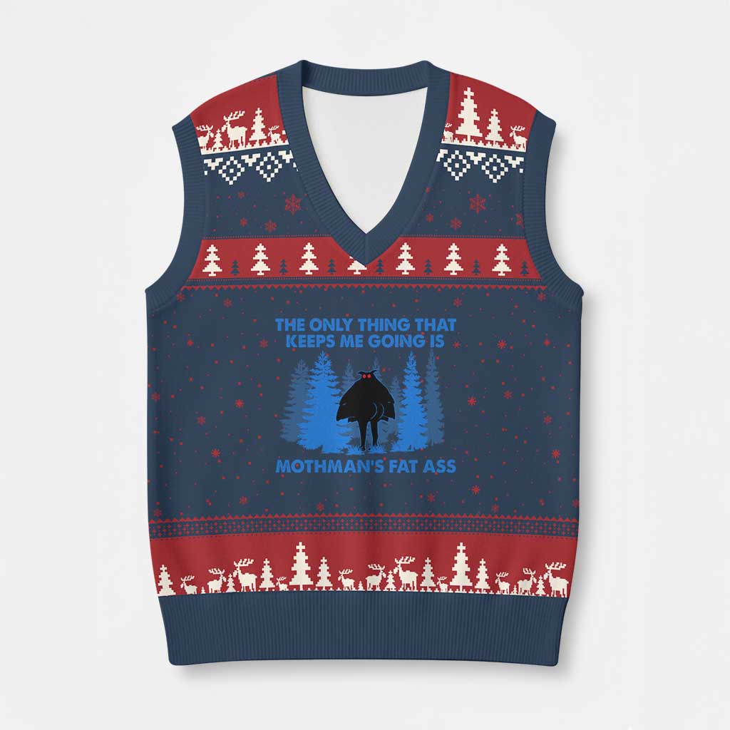 Funny Mothman Fat Ass V-Neck Knit Sweater Vest Vintage Cryptid Funny Moth Man Meme TS10 Navy Red Print Your Wear