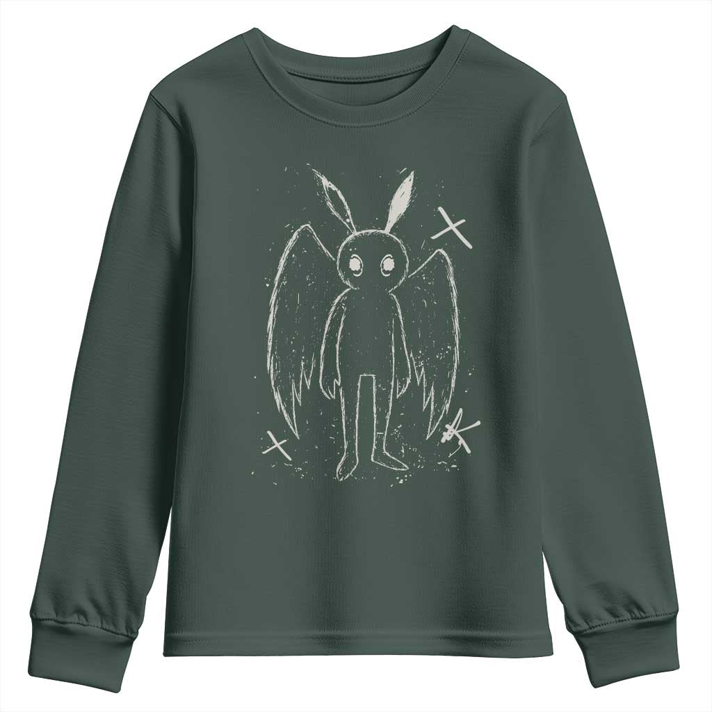 Creepy Cute Mothman Youth Sweatshirt Alt Goth Grunge Horror Aesthetic Cryptid TS10 Dark Forest Green Print Your Wear