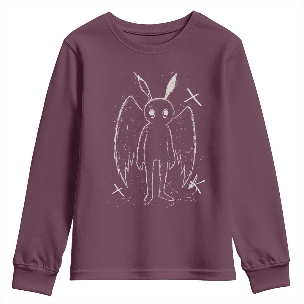 Creepy Cute Mothman Youth Sweatshirt Alt Goth Grunge Horror Aesthetic Cryptid TS10 Maroon Print Your Wear